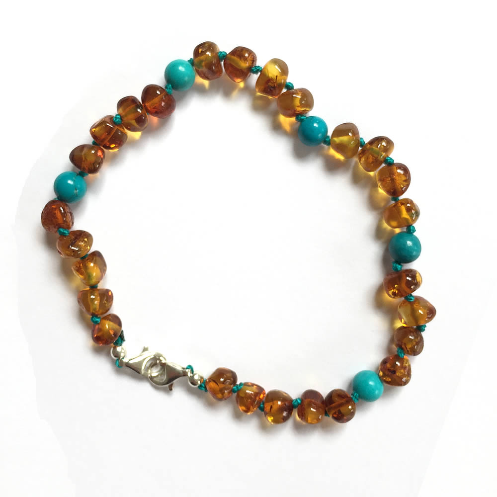 Adult Adjustable Cognac Amber and Turquoise Bracelet